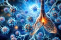 Microscopic view of viral infection affecting respiratory system, showing pathogen interaction with lung tissue and cellular Royalty Free Stock Photo