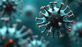 Microscopic view of a virus particle with spiked protein structures. Pathogen shape resembles spiky ball in teal fluid. Microbe Royalty Free Stock Photo