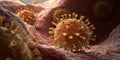 Microscopic view of virus particles interacting and replicating within a host cell