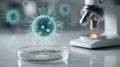 Microscopic view of virus structure with petri dish and microscope for scientific research Royalty Free Stock Photo