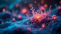 Microscopic viruses with vibrant colors and spiky forms float against a dark