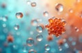 Microscopic visualization of coenzyme Q10. Clustered orange spheres illustrate molecules. Gradient background. Biochemistry