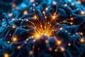 Microscopic visualization of complex neural network in human brain with glowing golden signals Royalty Free Stock Photo