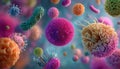 Microscopic World Vibrant Array of Colorful Bacteria, Viruses, and Immune Cells in Motion Royalty Free Stock Photo