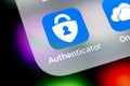 Microsoft authenticator application icon on Apple iPhone X smartphone screen close-up. Microsoft Authenticator app icon. Social ne