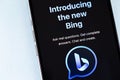 Microsoft Bing logo mobile app on the screen smartphone iPhone closeup. Microsoft Bing is a search engine developed by the