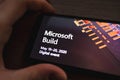 Microsoft Build online conference logo on the smartphone screen.