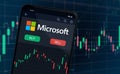 Microsoft company shares rise or fall on stock exchange market logo on mobile phone screen Royalty Free Stock Photo