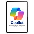 Microsoft Copilot logo on a tablet screen, Microsoft 365 Copilot is an artificial intelligence assistant for Microsoft 365 apps