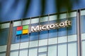 Microsoft corporation brand logo on high rise glass building exterior through exotic palm leaves