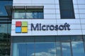 Microsoft emblem and logo on the facade of the Microsoft Polska building