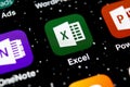 Microsoft Excel application icon on Apple iPhone X screen close-up. Microsoft office Excel app icon. Microsoft office on mobile ph