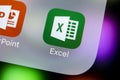 Microsoft Exel application icon on Apple iPhone X screen close-up. Microsoft office Exel app icon. Microsoft office on mobile phon