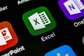 Microsoft Exel application icon on Apple iPhone X screen close-up. Microsoft office Exel app icon. Microsoft office on mobile phon