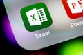 Microsoft Exel application icon on Apple iPhone X screen close-up. Microsoft office Exel app icon. Microsoft office on mobile phon