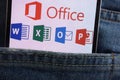 Microsoft Office logo displayed on smartphone hidden in jeans pocket Royalty Free Stock Photo