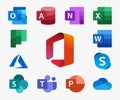 Microsoft Office 365: Outlook, Access, OneNote, Publisher, Word, Excel, SharePoint, Teams, PowerPoint, Yammer, OneDrive, Skype.