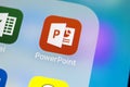 Microsoft office Powerpoint application icon on Apple iPhone X screen close-up. PowerPoint app icon. Microsoft Power Point