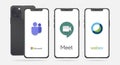 Microsoft Teams, Google Meet and Cisco Webex software on iPhone screen. Meet apps developed by Google and Teams apps developed by