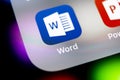 Microsoft Word application icon on Apple iPhone X screen close-up. Microsoft office word icon. Microsoft office on mobile phone. S