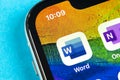 Microsoft Word application icon on Apple iPhone X screen close-up. Microsoft office word icon. Microsoft office on mobile phone. S