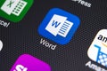 Microsoft word application icon on Apple iPhone X screen close-up. Microsoft word icon. Microsoft office on mobile phone. Social