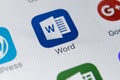 Microsoft word application icon on Apple iPhone X screen close-up. Microsoft word icon. Microsoft office on mobile phone. Social