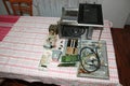 Microwave oven disassembled on a kitchen table Royalty Free Stock Photo