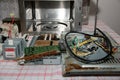 Microwave oven disassembled on a kitchen table Royalty Free Stock Photo