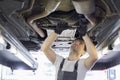 Mid adult automobile mechanic repairing car in workshop