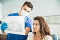 Dentist Showing Xray To Woman At Dental Clinic