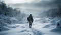 Mid adult explorer hiking mountain peak in winter solitude generated by AI