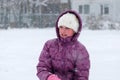 Mid age girl wearing winter hat looking surprised