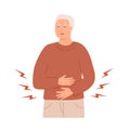 Mid age man having an abdominal pain. Sick old senior citizen feeling unwell and holds his stomach. Stomachache. Elder