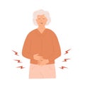 Mid age woman having an abdominal pain. Sick old lady. Senior citizen feeling unwell and holds her stomach. Stomachache Royalty Free Stock Photo