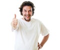 Mid-aged man in white t-shirt showing thumbs up