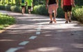 Mid aged people walking at sunny park trail Royalty Free Stock Photo