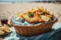 mid angle shot of a plate of fish and chips served in a basket, beach-side