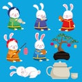 Mid autumn celebration card with rabbits and bonsai icons