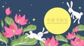 Mid-autumn festival banner with cute rabbits in lotus garden on full moon sky with holiday`s name written in chinese words and