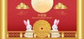 Mid autumn festival banner, greeting card with cute rabbit, moon cake and full moon on red gold color style background