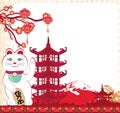 Mid-Autumn Festival for Chinese New Year- card with Maneki Neko Cat wishing Good Luck