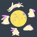 Mid autumn festival concept clipart. Moon rabbits around the full moon. Chinese traditional culture. Vector. Flat