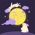 Mid autumn festival concept clipart. Moon rabbits next to the full moon. Chinese traditional culture. Vector. Flat
