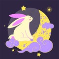 Mid autumn festival concept clipart. Moon rabbits next to the full moon. Chinese traditional culture. Vector. Flat