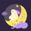 Mid autumn festival concept clipart. Moon rabbits next to the full moon. Chinese traditional culture. Vector. Flat