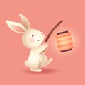 Mid Autumn Festival. Cute rabbit holding a chinese oriental lantern