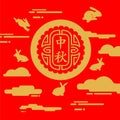 Mid autumn festival of full moon silhouetted flat line vector illustration, rabbit, moon and clouds on red background.