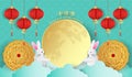 Mid autumn festival greeting card with cute rabbit, full moon and moon cake with red lantern on green background Royalty Free Stock Photo