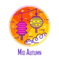 Mid-Autumn Festival icon with color lanterns and clouds in orange circle. Thin line flat design. Vector